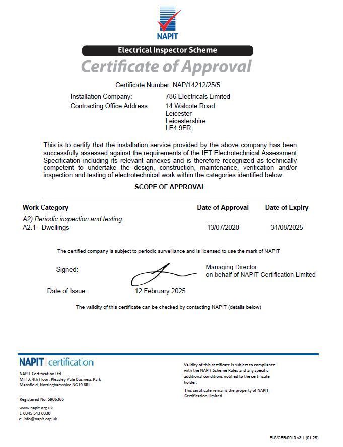 Certificate of Approval from NAPIT for FJS Electric Ltd, detailing electrical installations in dwellings.