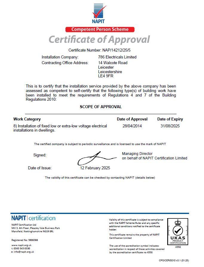 Certificate of Approval from NAPIT for KC Electrical Limited, authorizing low voltage electrical installations.