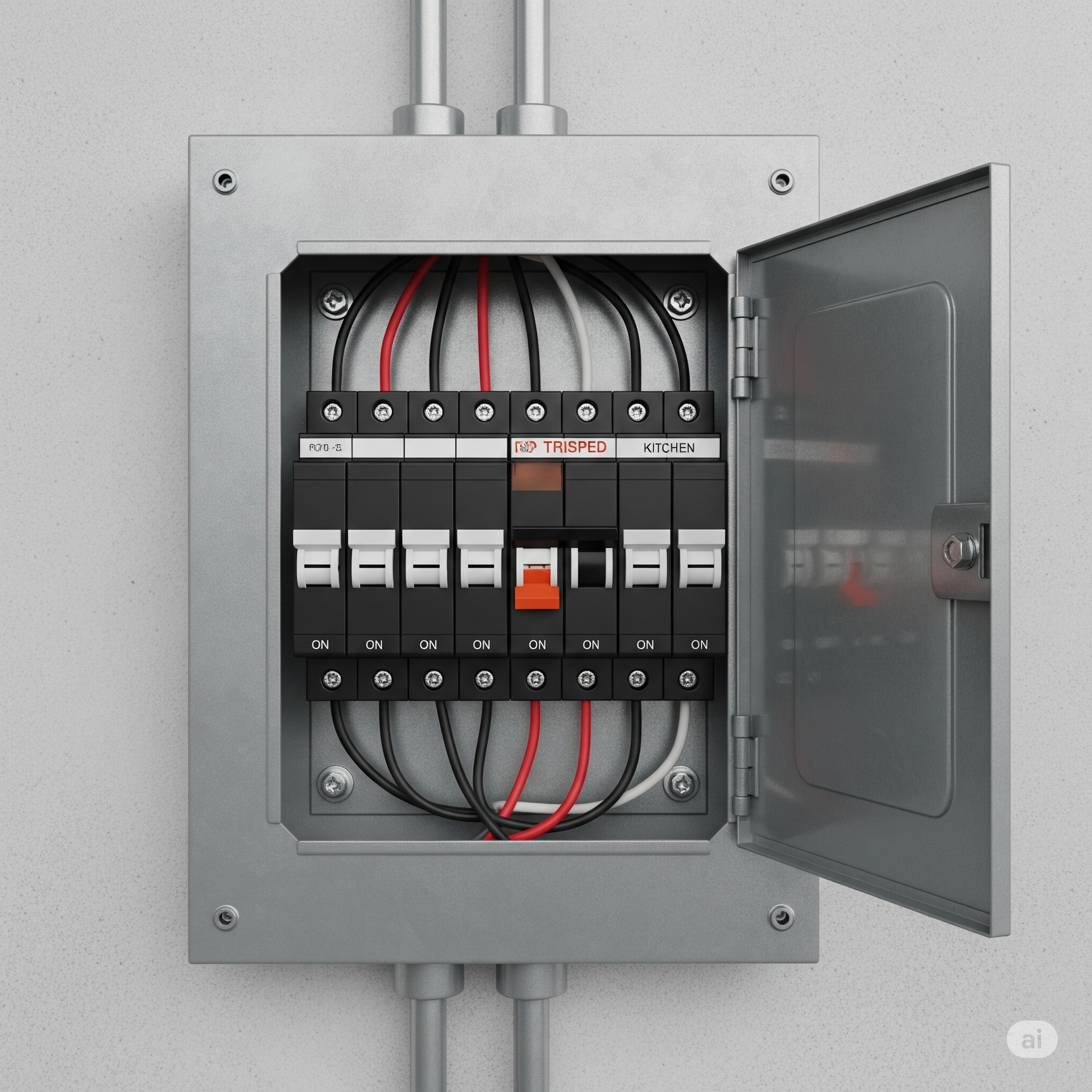 A close-up shot of a modern consumer unit, with one of the switches in 'tripped' position. 