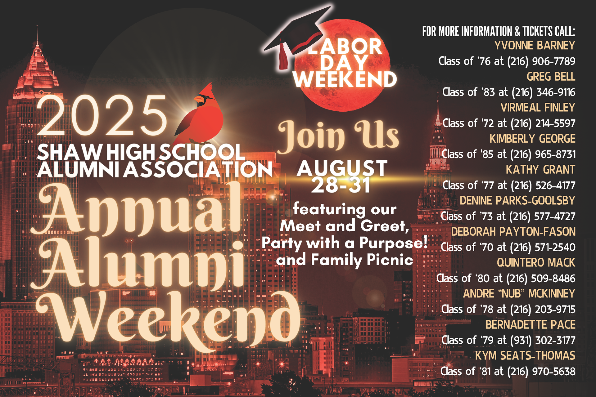 Annual Alumni Weekend for Shaw High School in August 2025, with a meet and greet, party, and picnic.