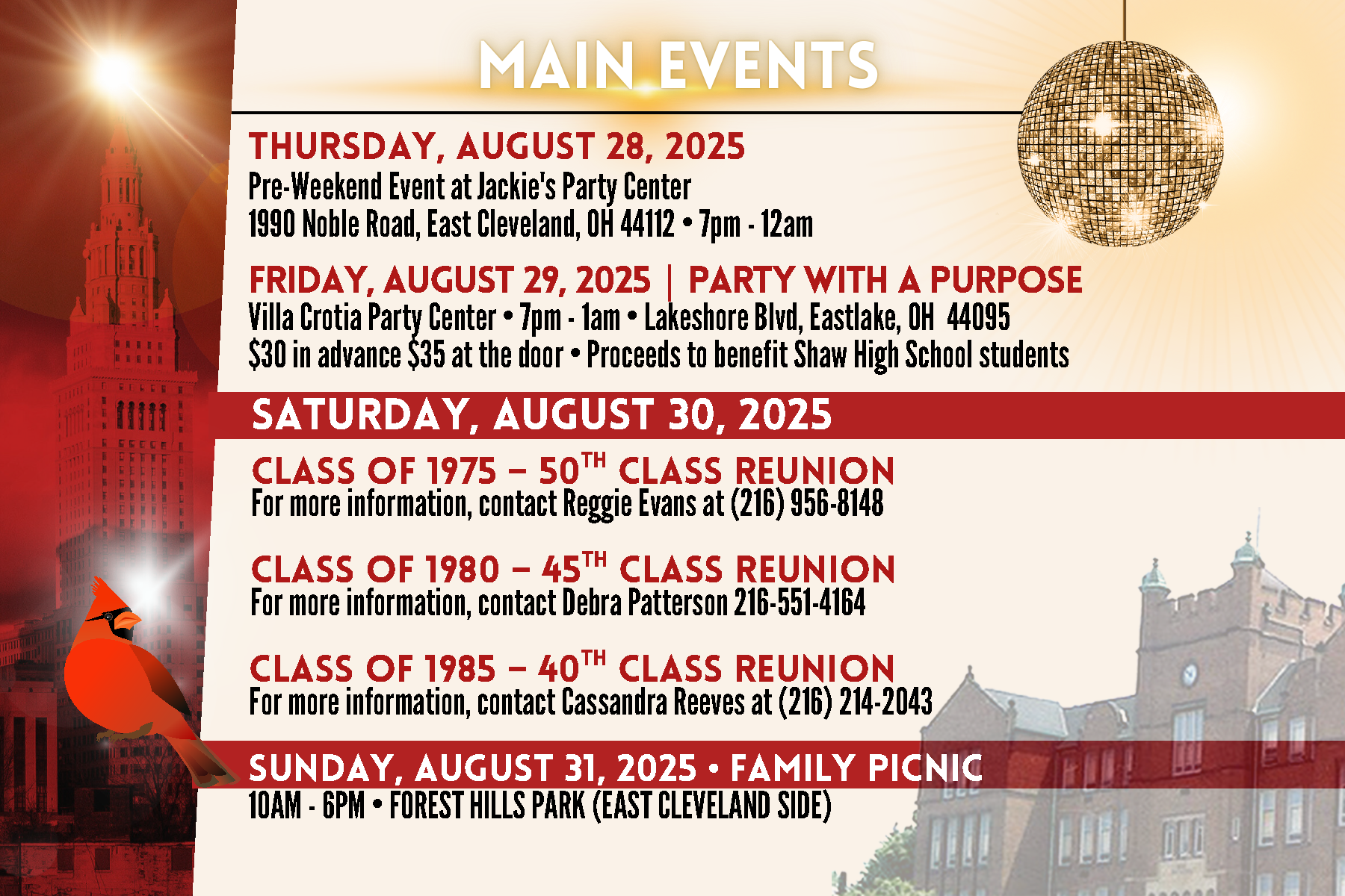 Event flyer with a schedule of events: reunions, parties, and a picnic, taking place in Cleveland, Ohio, August 2025.