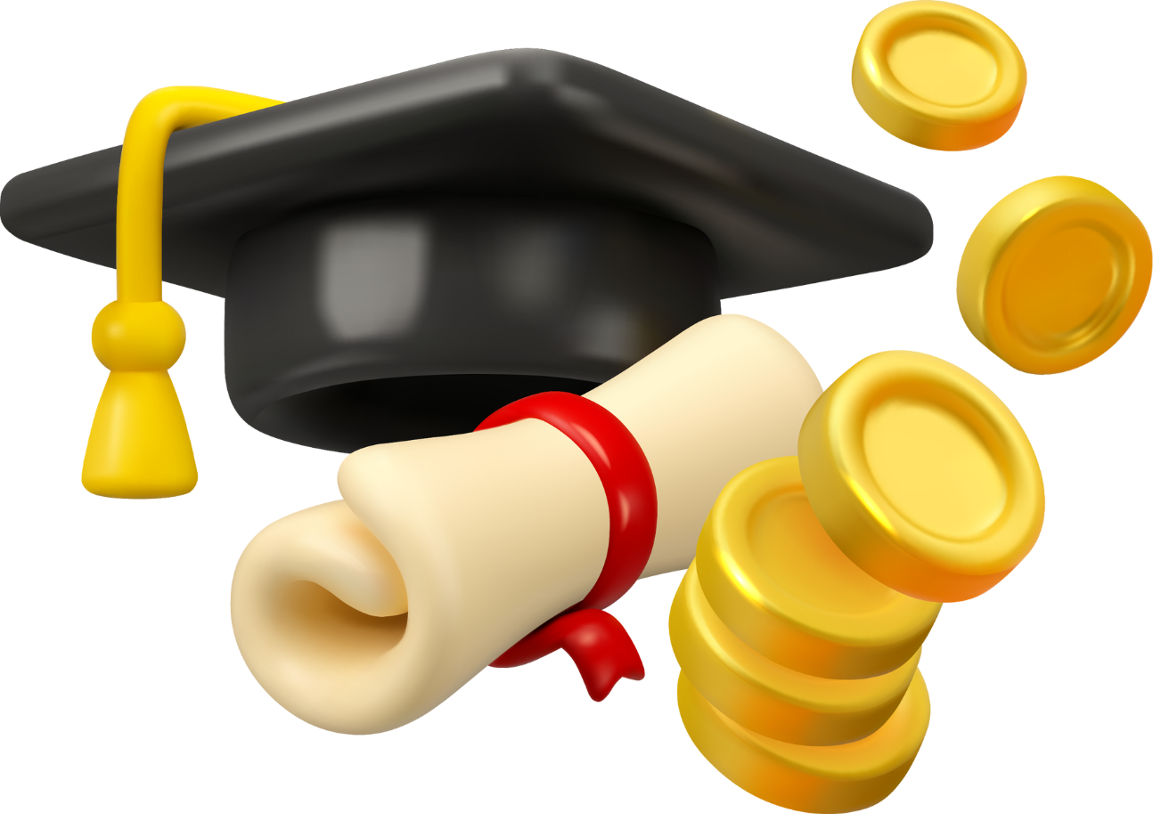 Graduation cap, diploma, and coins, symbolizing education and earnings.