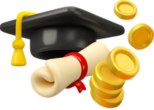 Graduation cap, diploma, and coins, symbolizing education and earnings.