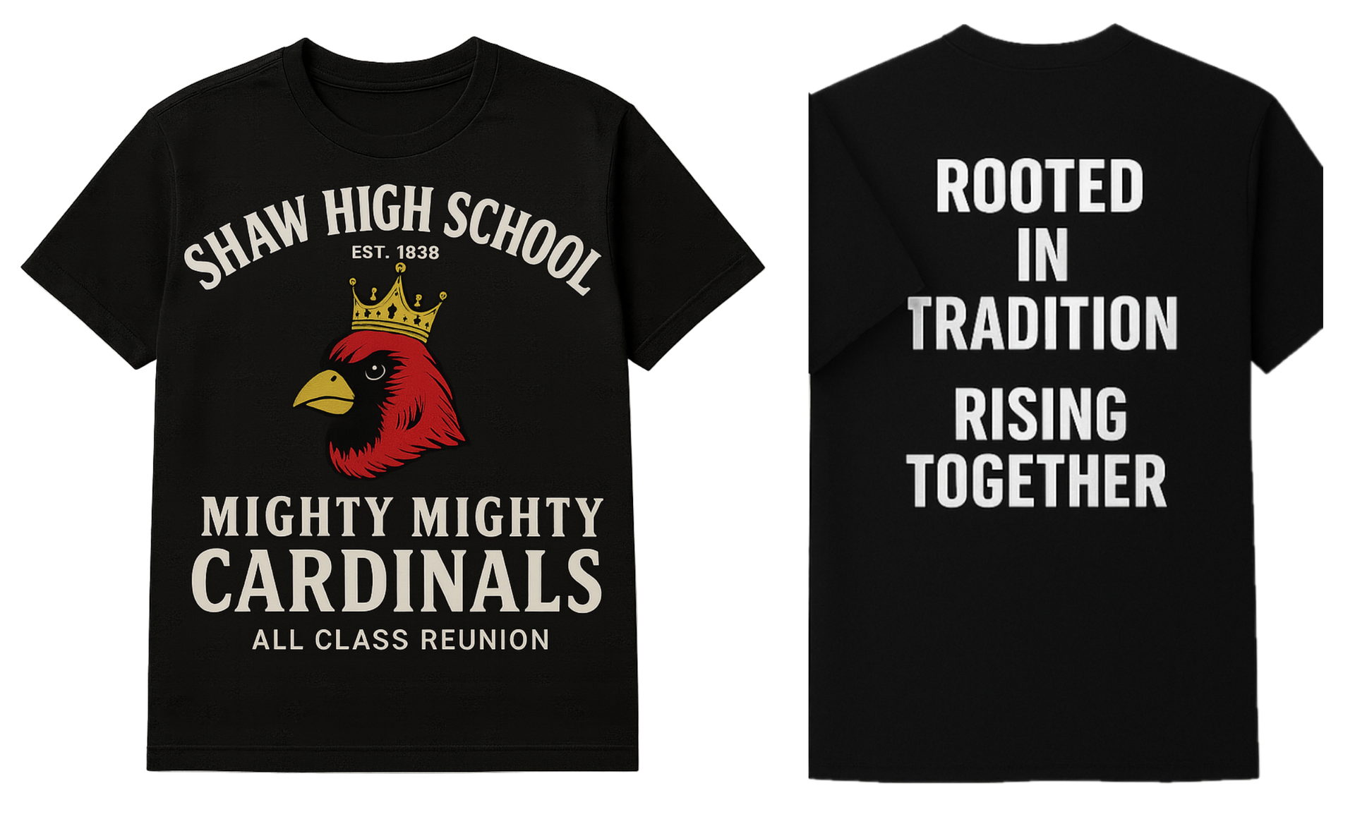 Black t-shirt with Shaw High School logo: cardinal with crown; 