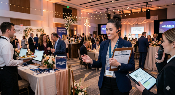 A staff member with a clipboard coordinates a formal event in a well-lit banquet hall with guests and tables.