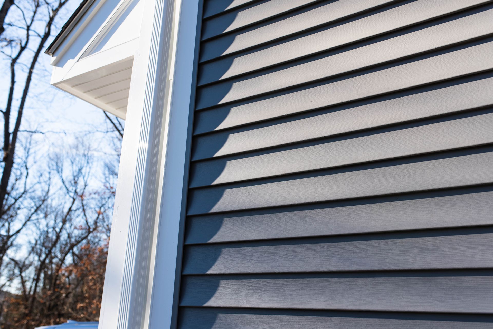 Blue-gray house siding and white trim on a sunny exterior wall with bare trees in the background