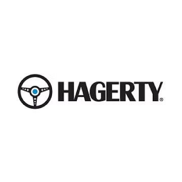 A hagerty logo with a steering wheel on a white background.
