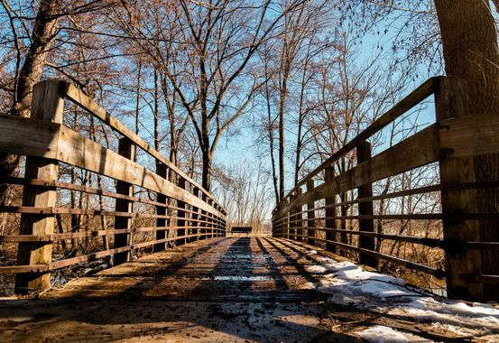 A wooden bridge surrounded by trees and snow on a sunny day.