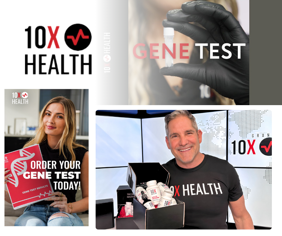 10X Health System collage with woman holding gene test, grant showcasing supplements and woman holding gene testing pamphlet