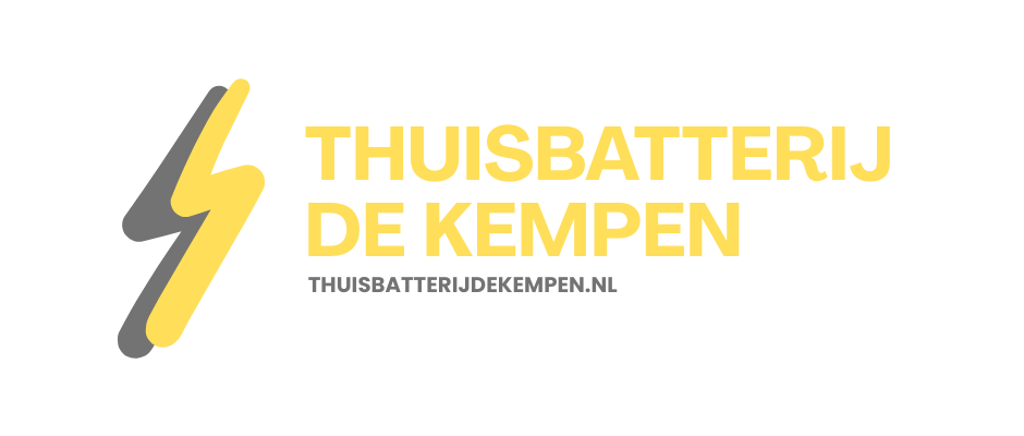 Logo van "Thuisbatterij De Kempen", gele bliksemflits met grijze schaduw, gele tekst.