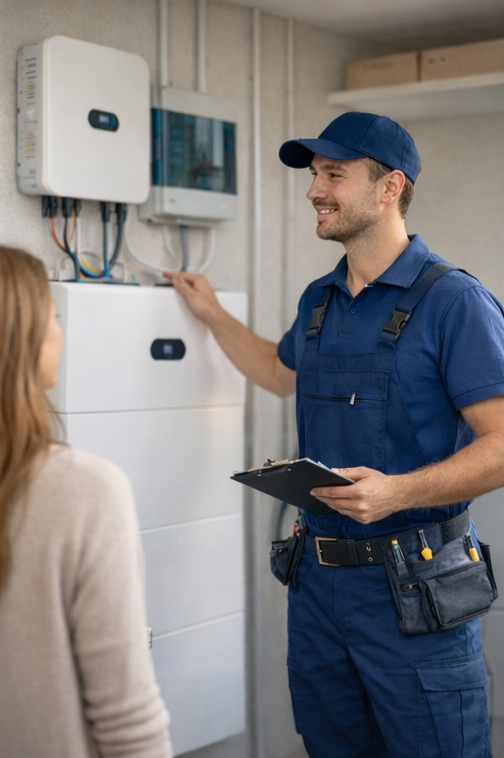 Een technicus voor zonnepanelen legt de apparatuur uit aan iemand, binnenshuis.