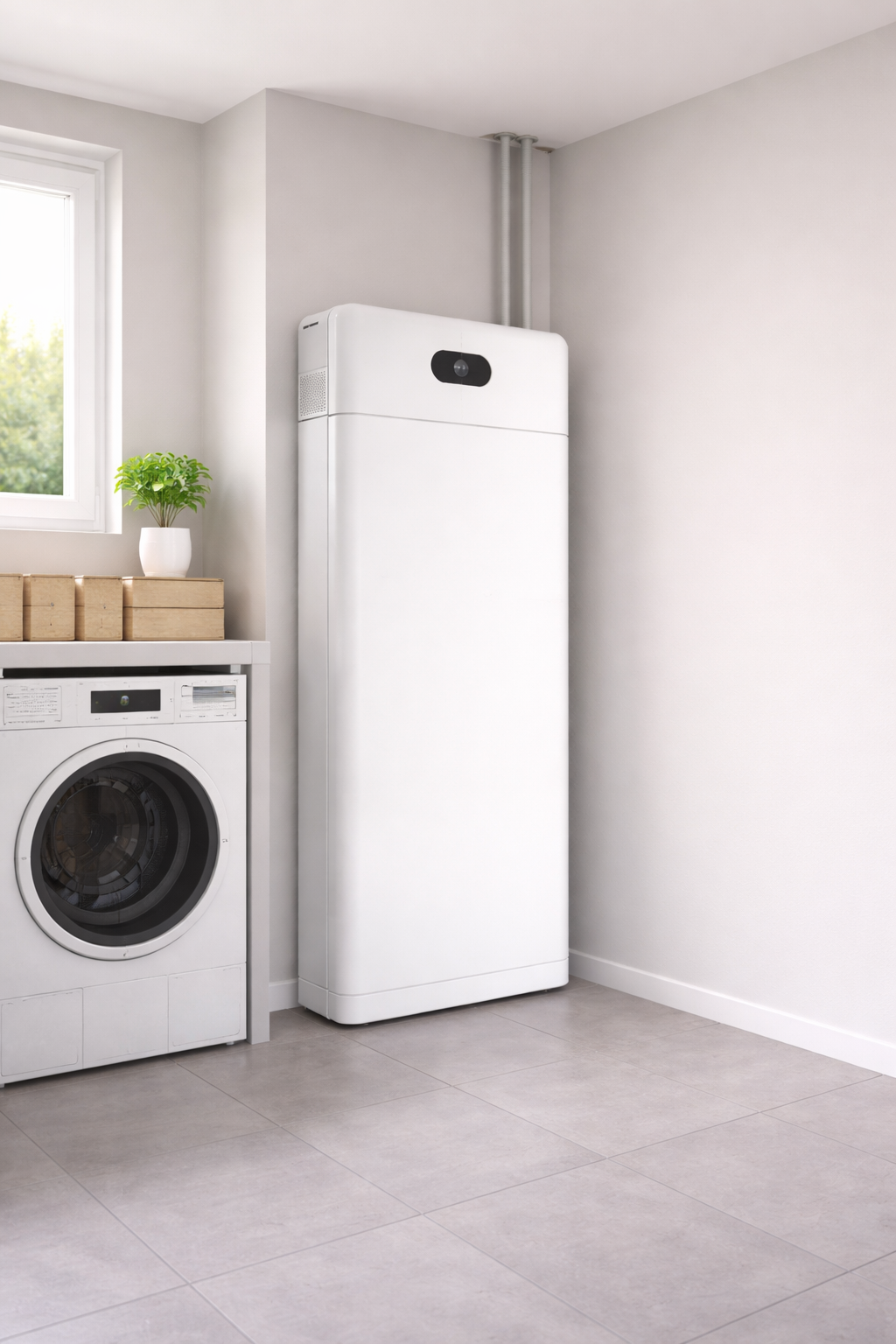 Wasruimte met een wasmachine, een wit huishoudelijk apparaat en een klein potplantje bij een raam en een thuisbatterij