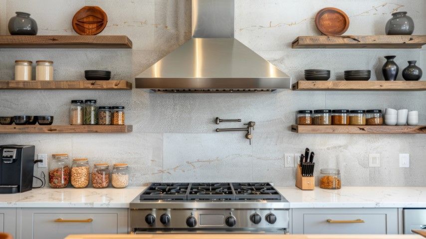 A kitchen clean and full of pantry stuff and ingredients.