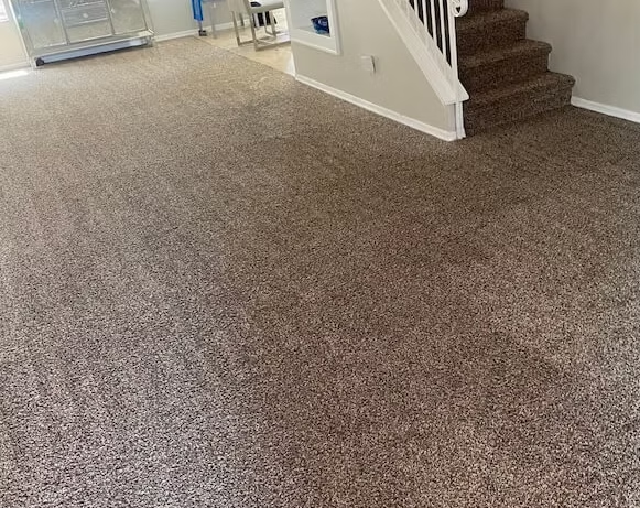 Brown carpeted floor in a living area next to a staircase.