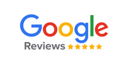 Google Reviews logo with blue, red, yellow, green letters and five gold stars.