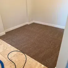 Brown carpeted room with beige walls and tile floor in the foreground.