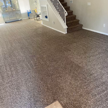 Brown carpeted floor with stairs and white railing. Empty living room with built-in shelves.