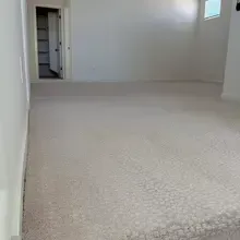 Empty room with light carpet, white walls, and a door to a storage closet.