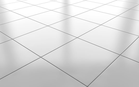 White tiled floor with diagonal lines, reflecting light.