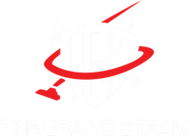 Red and white logo with a curling stone sweeping around a curved line and an angled object.