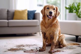 Golden retriever sitting on a rug, covered in mud, inside a living room.