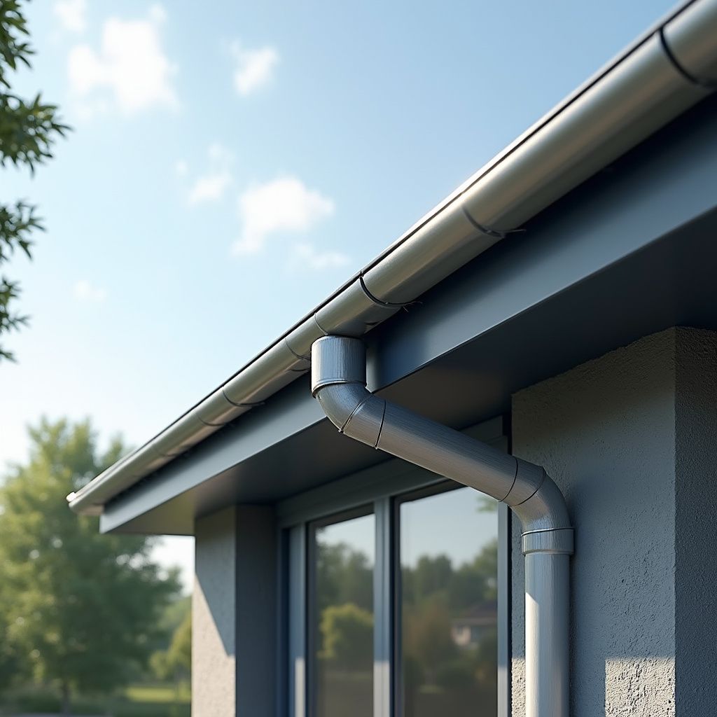 Gray rain gutters and downspout on a building with window, against a blue sky.
