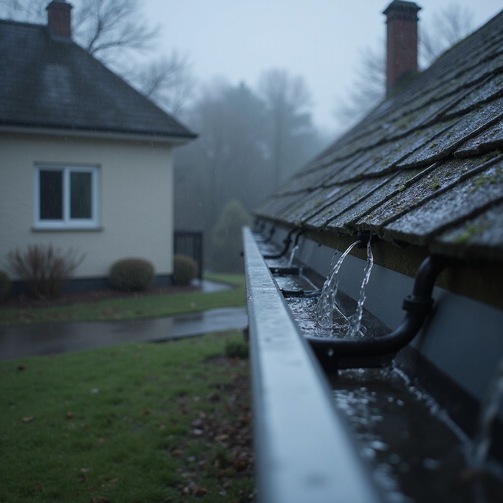 Rainwater pouring from a gutter on a house with a misty, overcast background.