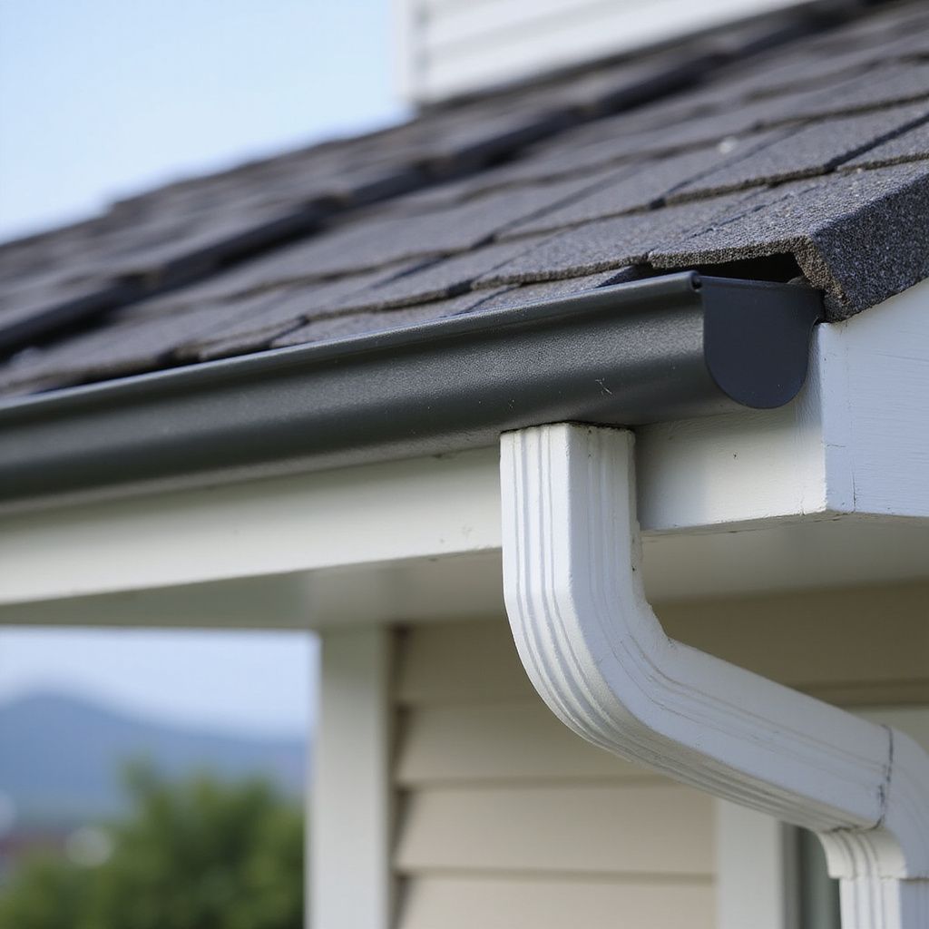 Black gutter connected to a white downspout on a house with a dark shingled roof.