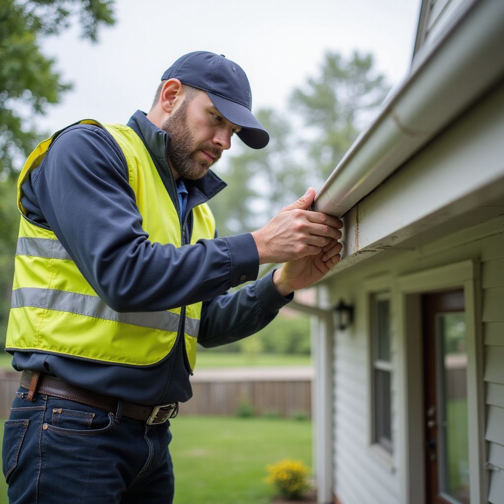Person in safety vest fixing a gutter on a house.