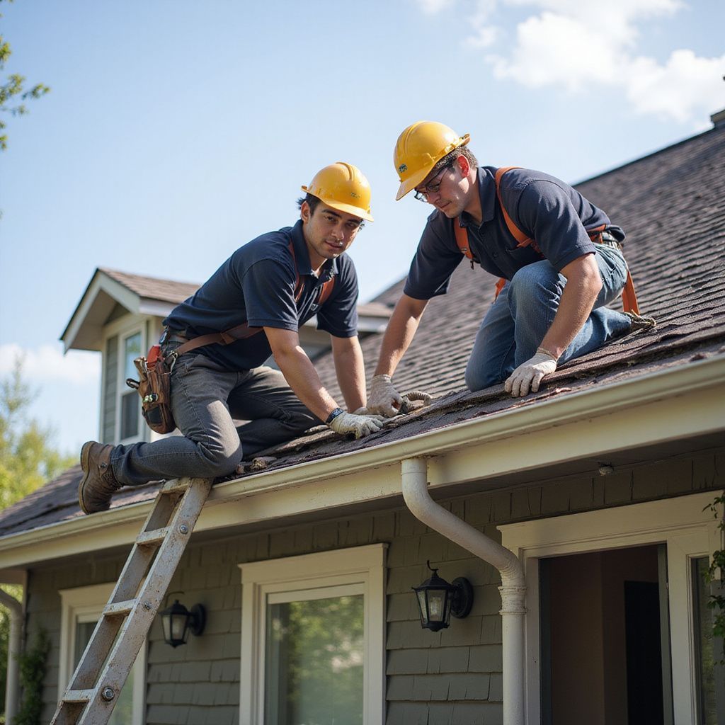 Two roofers in hard hats on a rooftop inspecting gutters. One on a ladder, sunny day.