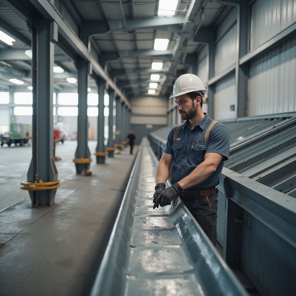 Construction worker in a warehouse, wearing a hard hat, gloves, and overalls, inspecting a metal structure.