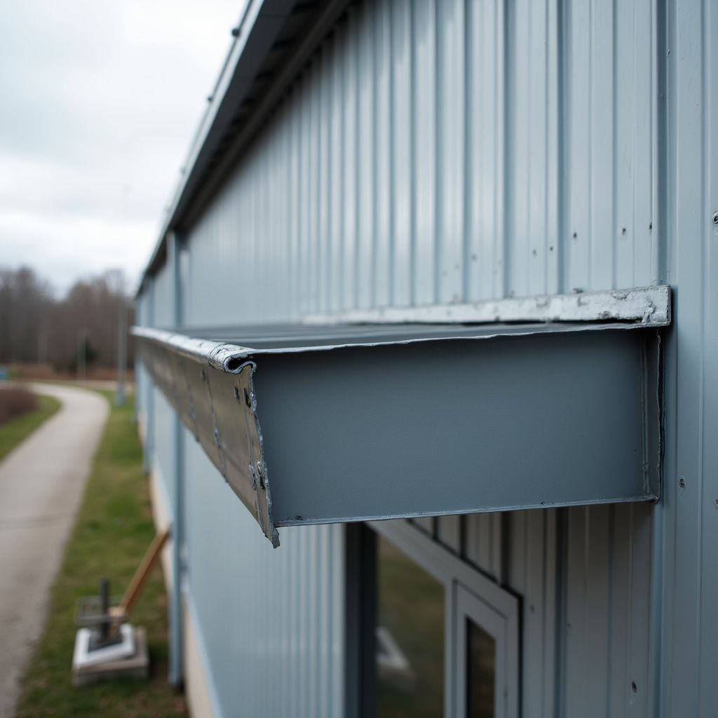 Gray metal awning extending from a building with vertical siding, over a window.