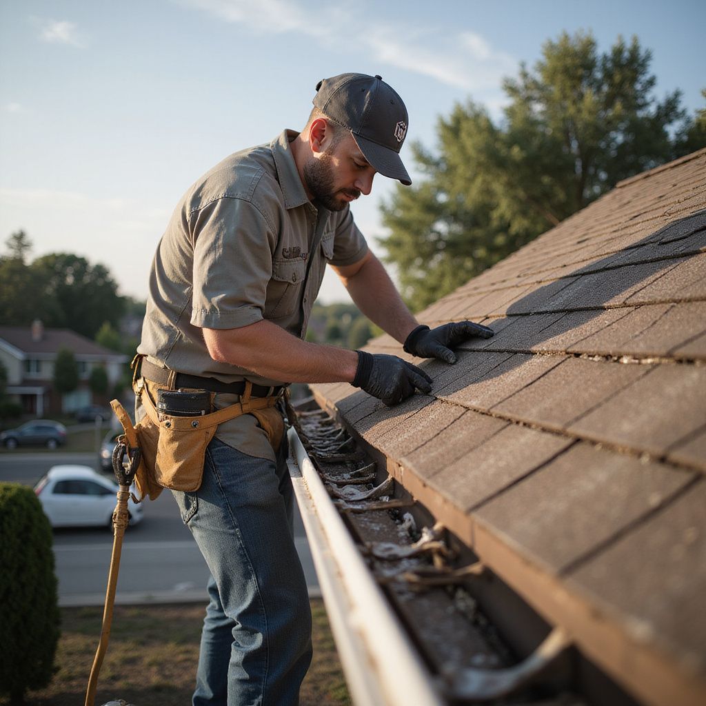 Man cleaning a gutter on a rooftop, wearing a hat, gloves, and tool belt.