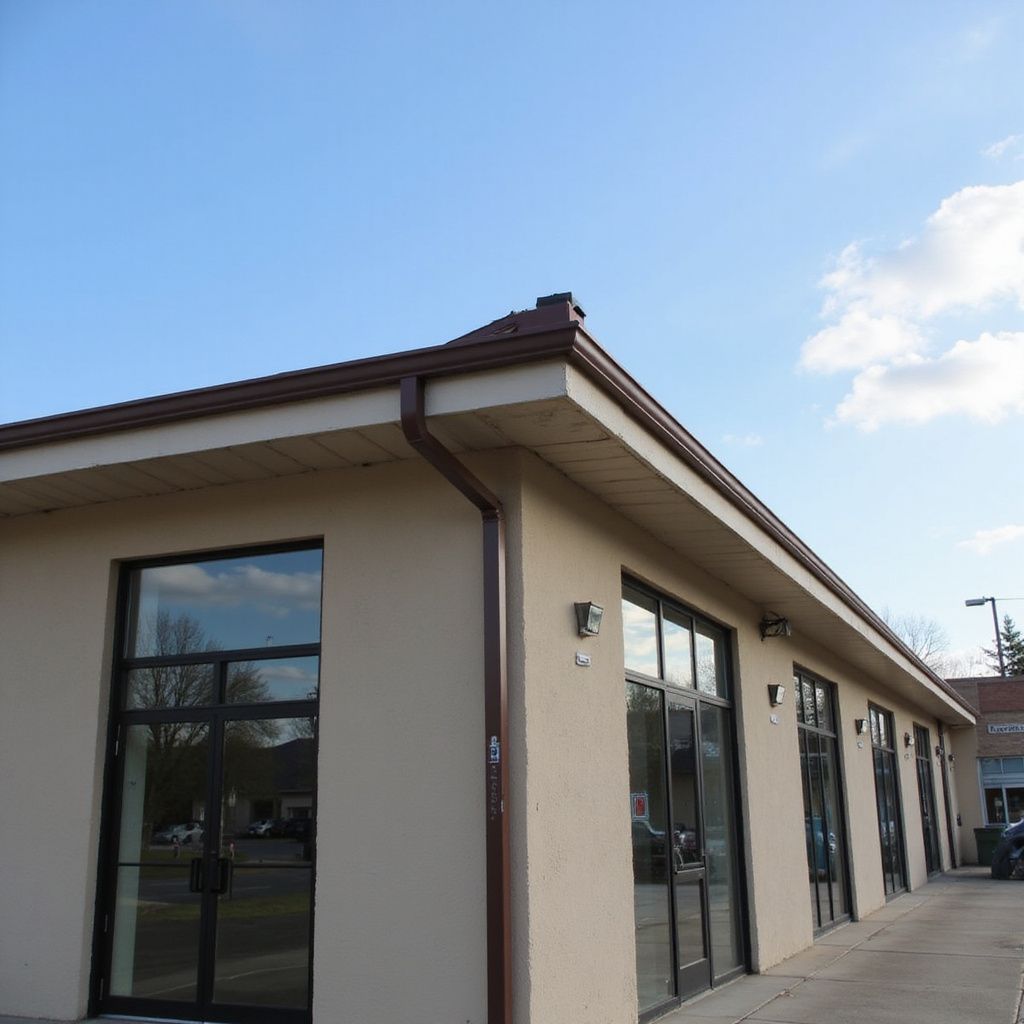 Exterior of a building with large windows and a brown roof against a blue sky.