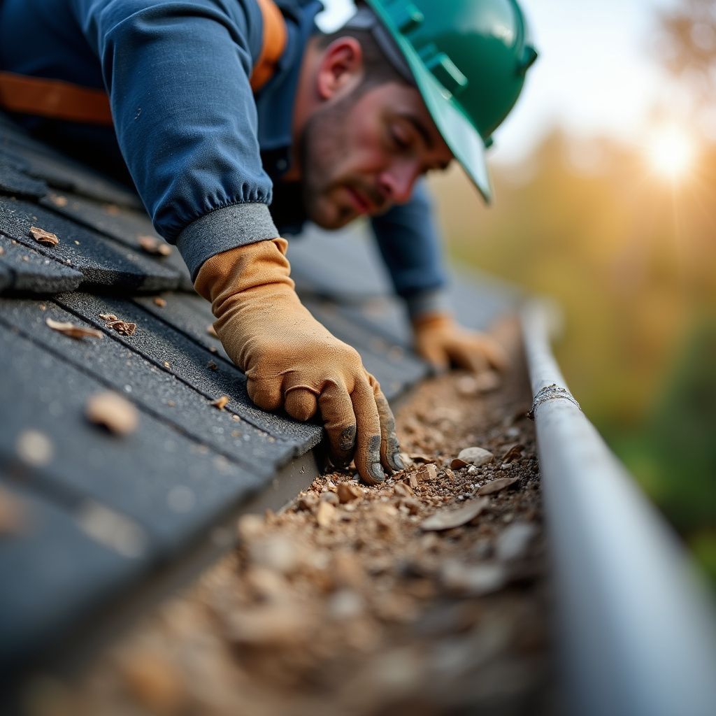 Person in work clothes cleaning a gutter; wearing a green hard hat, reaching in with gloved hands.
