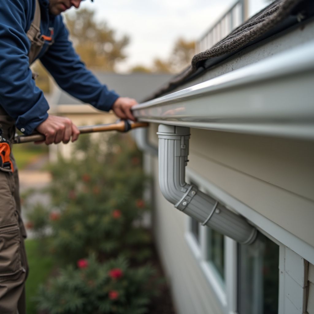 Man installing a gutter on a house, holding a tool.