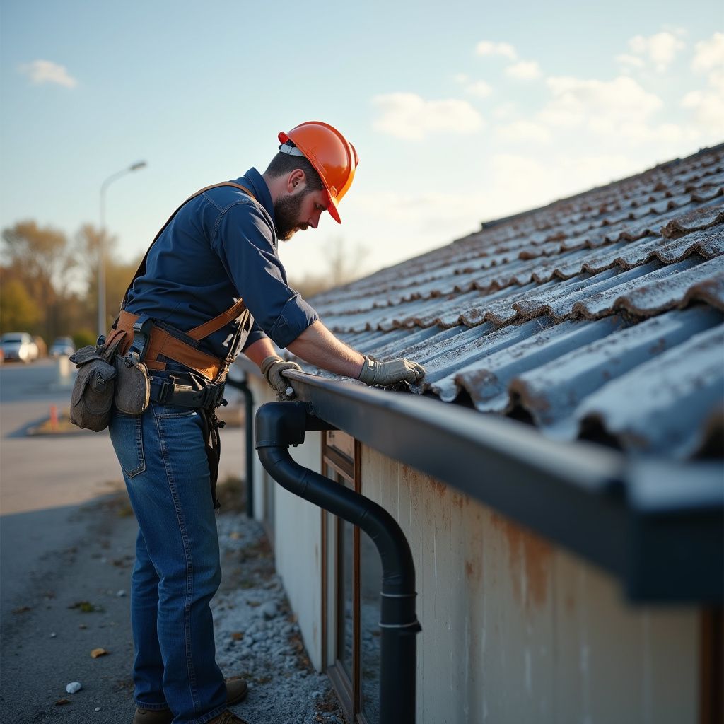 Roofer in orange hardhat cleans a gutter on a house, sunny day.
