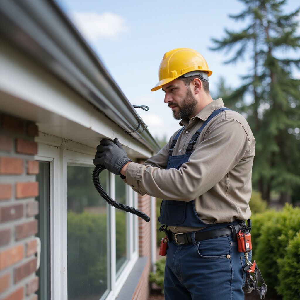 Man in hard hat and overalls working on a gutter outside a brick building.