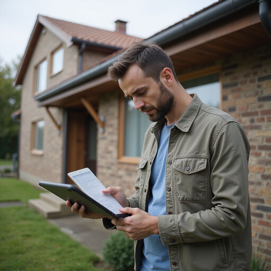 Man outside house, looking at clipboard, holding tablet. Green jacket, brick exterior, cloudy day.