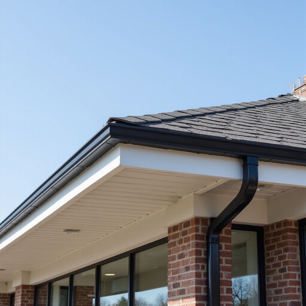A brick building with a black-shingled roof and black gutters against a blue sky.