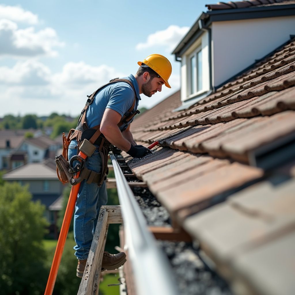 Roofer in safety gear cleaning gutters on a residential roof, wearing a yellow hardhat and blue shirt.
