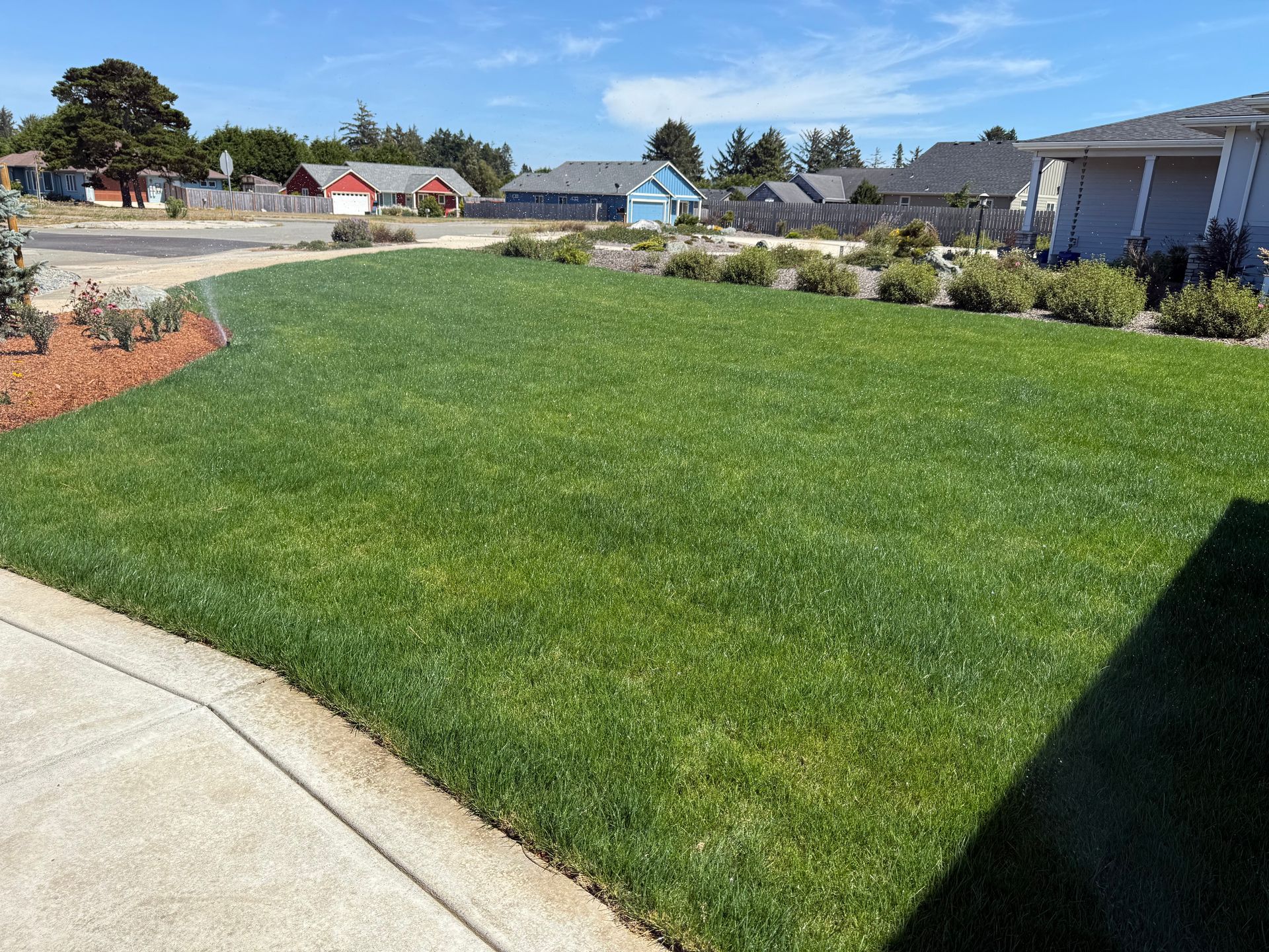 Two-story white house with blue trim, lush green lawn, trees, and bright blue sky.