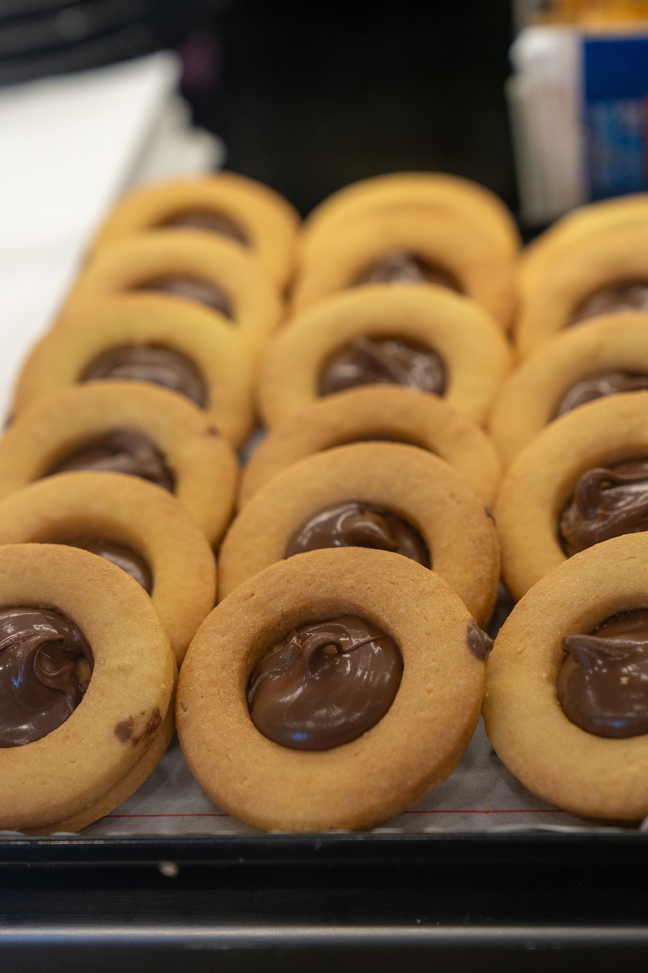 Biscotti con ripieno di cioccolato disposti in file.