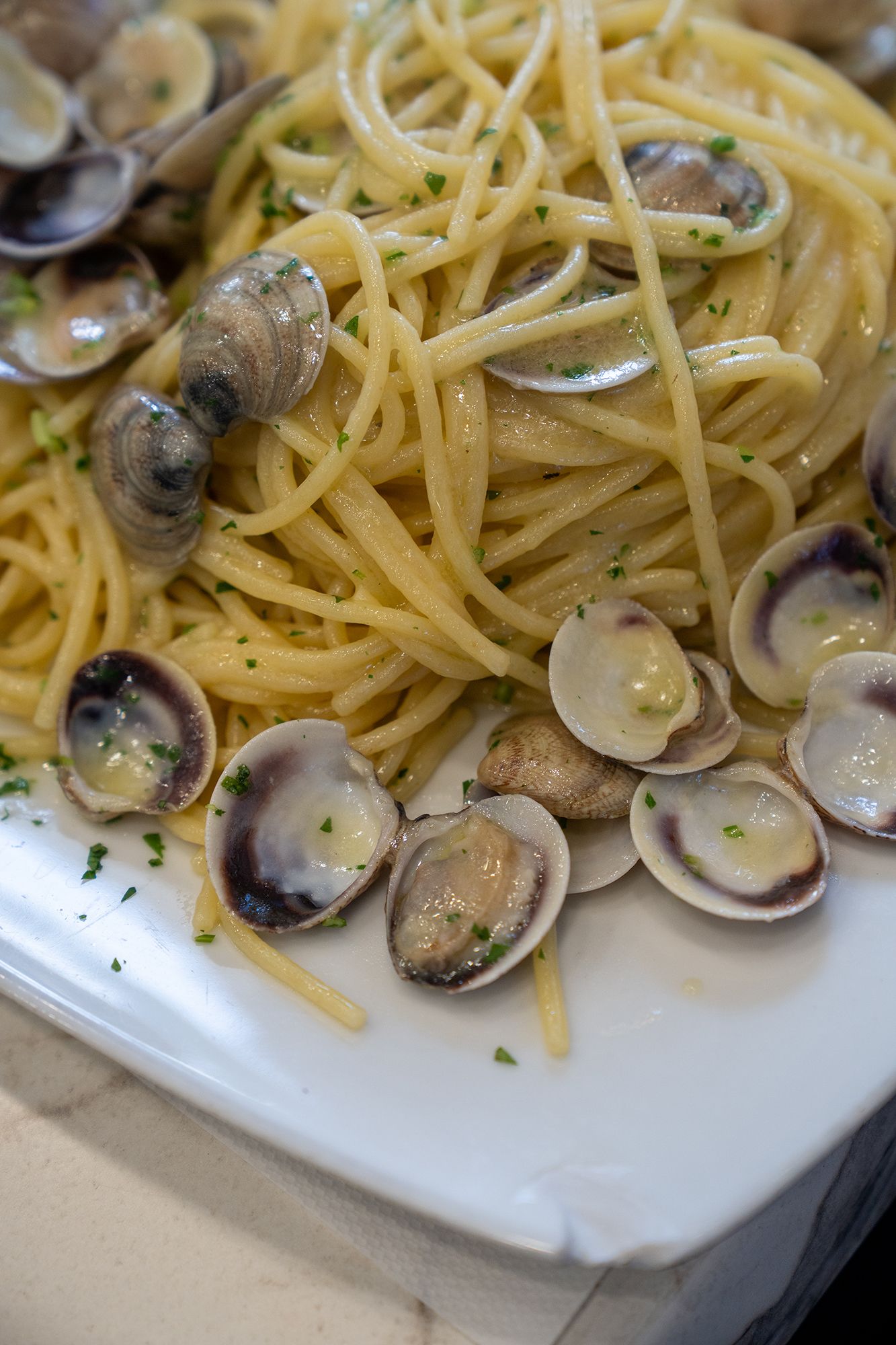 Spaghetti alle vongole in un piatto bianco, guarnito con prezzemolo.