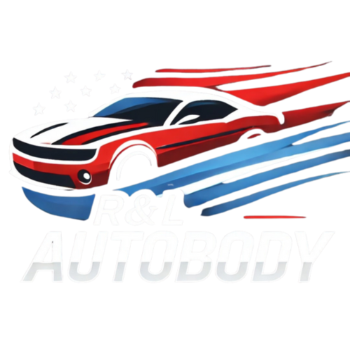 A red , white and blue car is flying through the air.