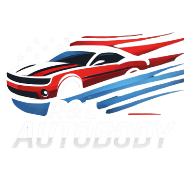 A red , white and blue car is flying through the air.