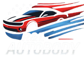 A red , white and blue car with the american flag in the background.