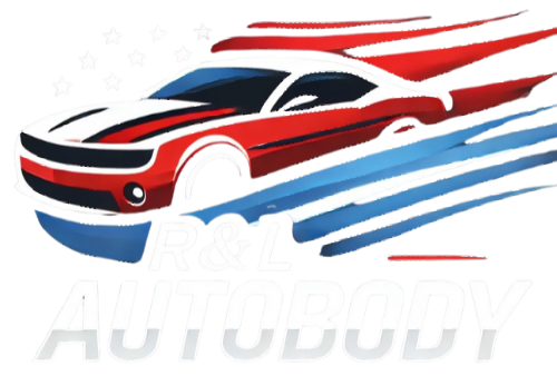 A red , white and blue car with the american flag in the background.