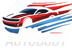 A red , white and blue car with the american flag in the background.