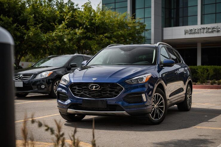 A green sports car with a red stripe on the side